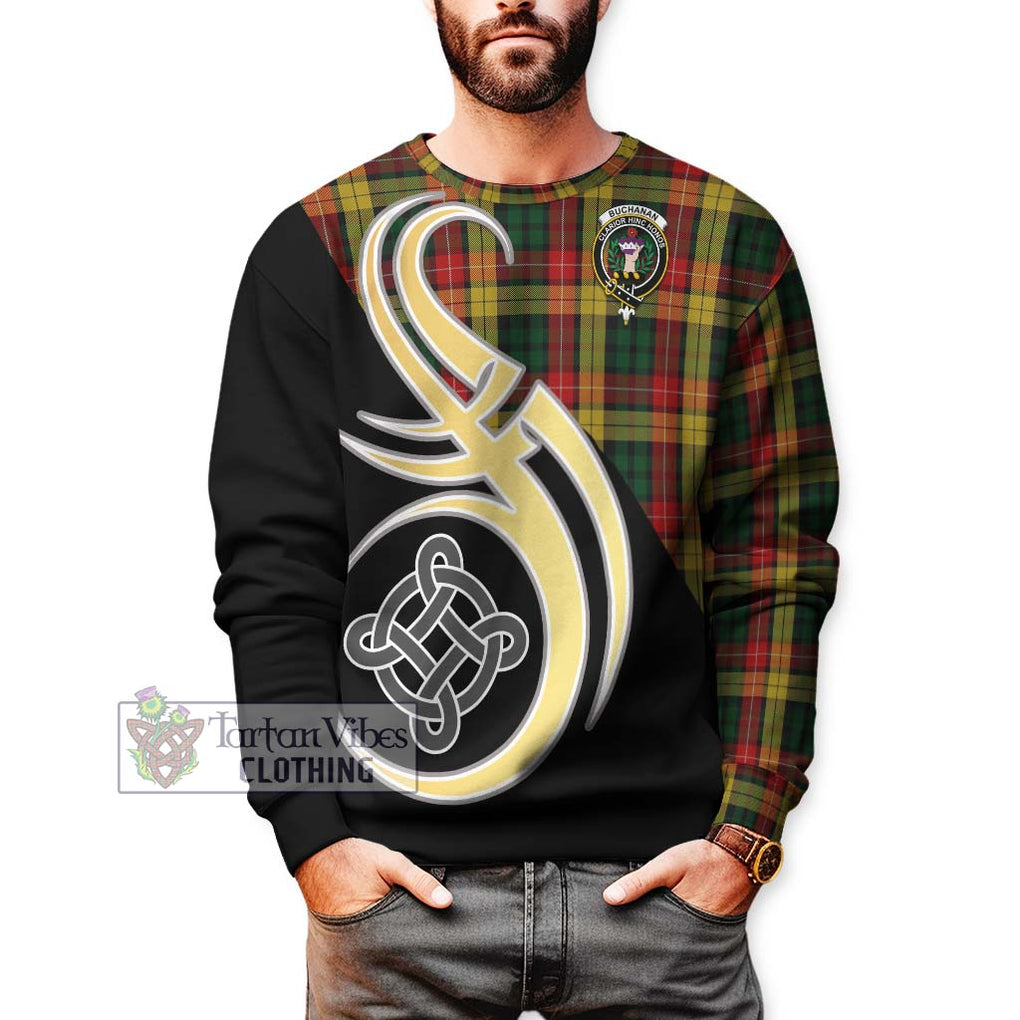 Buchanan Tartan Sweatshirt with Family Crest and Celtic Symbol Style Unisex - Tartan Vibes Clothing