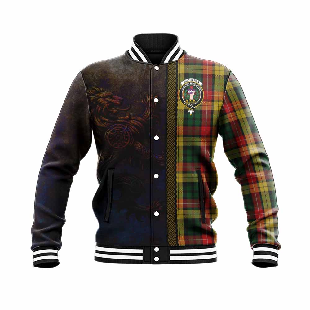 Tartan Vibes Clothing Buchanan Tartan Family Crest Baseball Jacket Alba Gu Brath Be Brave Lion Ancient Style