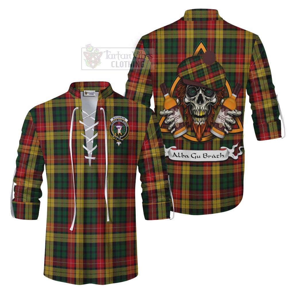 Tartan Vibes Clothing Buchanan Tartan Ghillie Kilt Shirt with Family Crest and Bearded Skull Holding Bottles of Whiskey
