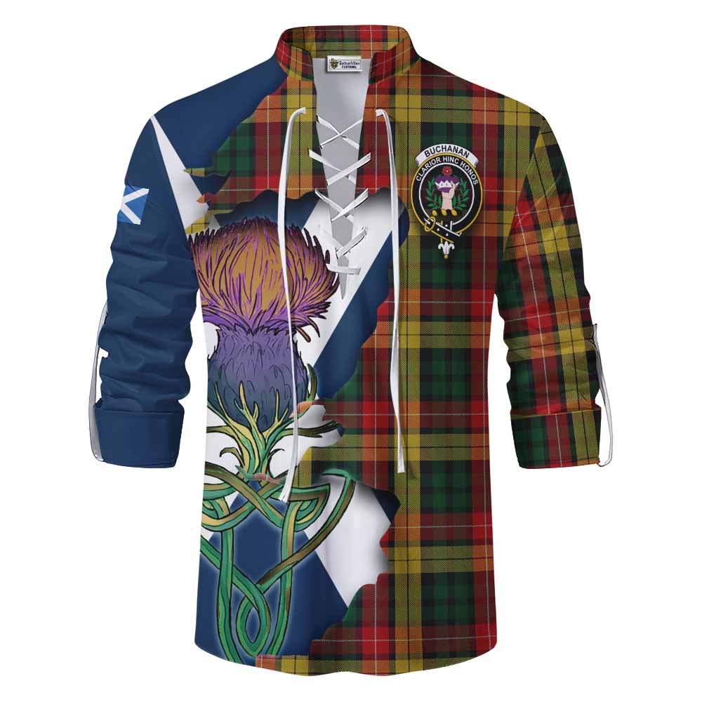 Tartan Vibes Clothing Buchanan Tartan Family Crest Ghillie Kilt Shirt Scottish Thistle Celtic Inspired