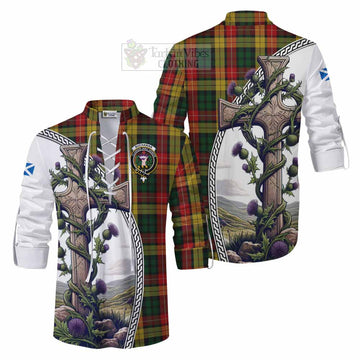Tartan Vibes Clothing Buchanan Tartan Ghillie Kilt Shirt with Family Crest and St. Andrew's Cross Accented by Thistle Vines