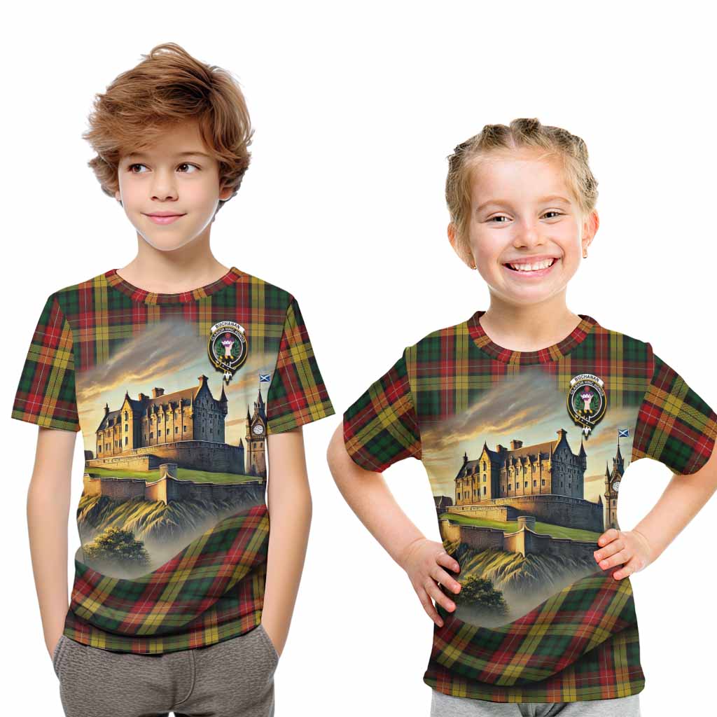 Tartan Vibes Clothing Buchanan Tartan Family Crest Kid T-Shirt with Scottish Ancient Castle Style