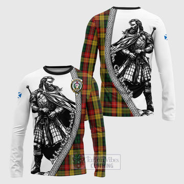 Tartan Vibes Clothing Buchanan Tartan Clan Crest Long Sleeve T-Shirt with Highlander Warrior Celtic Style
