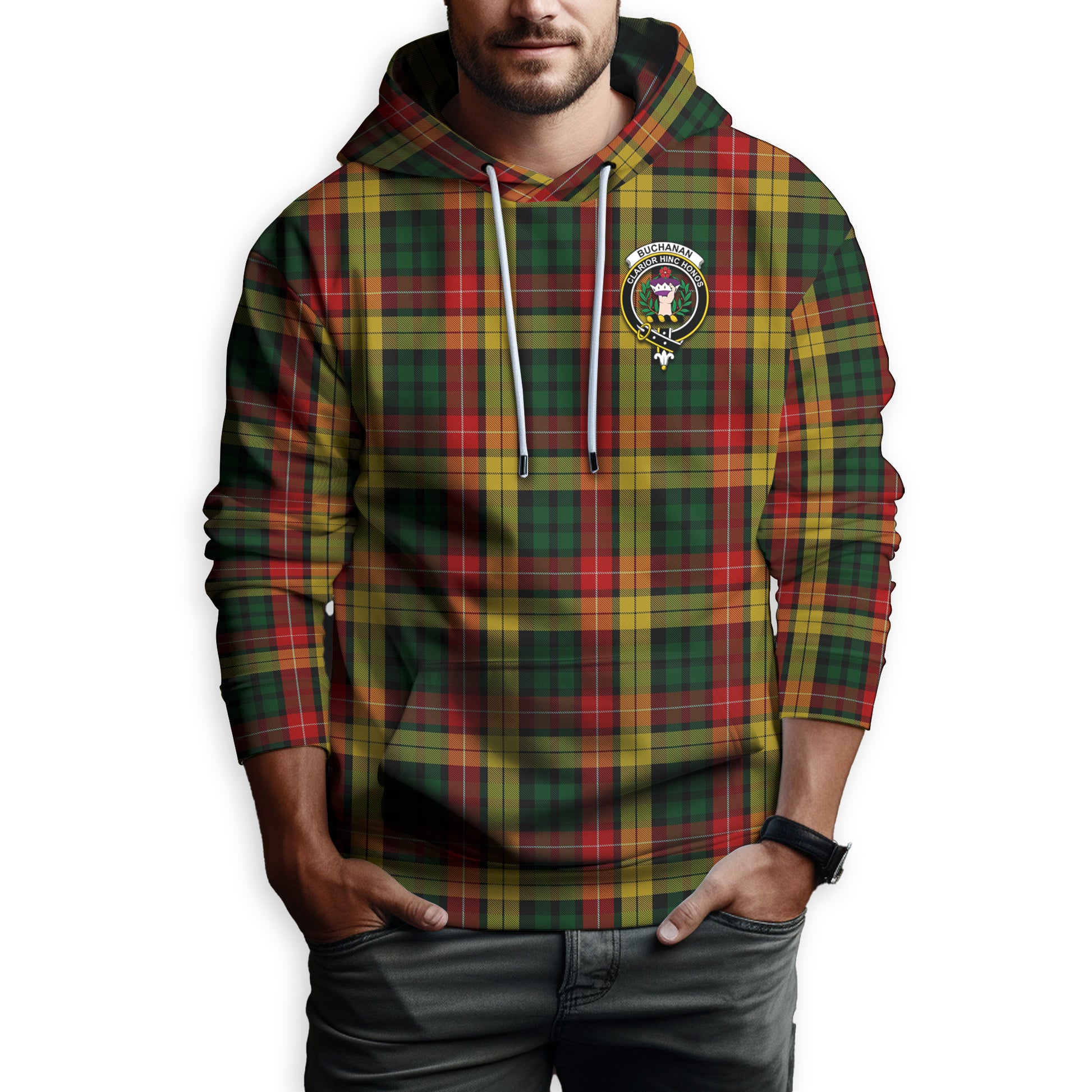 Buchanan Tartan Hoodie with Family Crest - Tartanvibesclothing