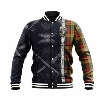 Tartan Vibes Clothing Buchanan Tartan Baseball Jacket with Family Crest Cross Sword Thistle Celtic Vibes