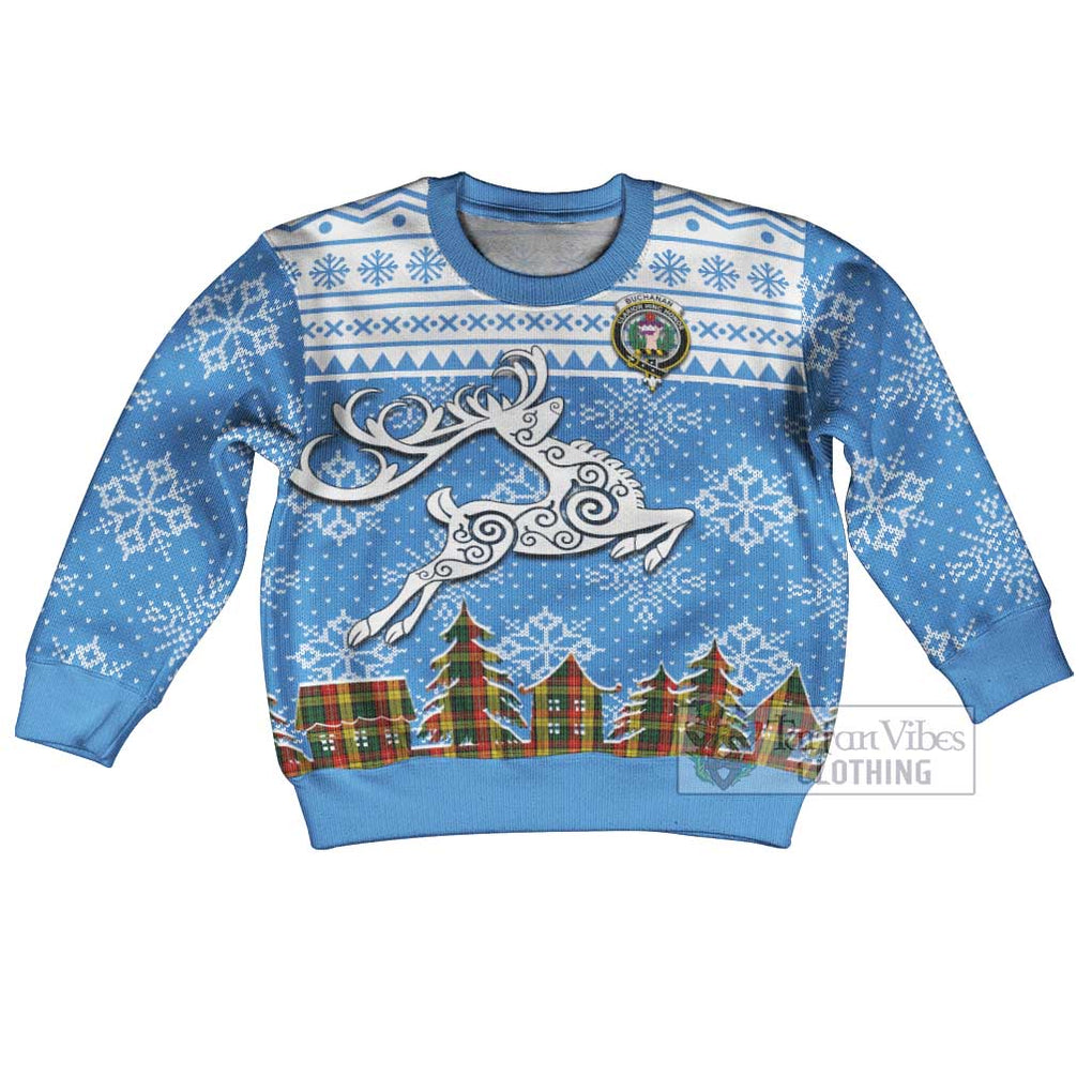 Tartan Vibes Clothing Buchanan Clan Christmas Kid Ugly Sweater with Tartan and Celtic Raindeer Style