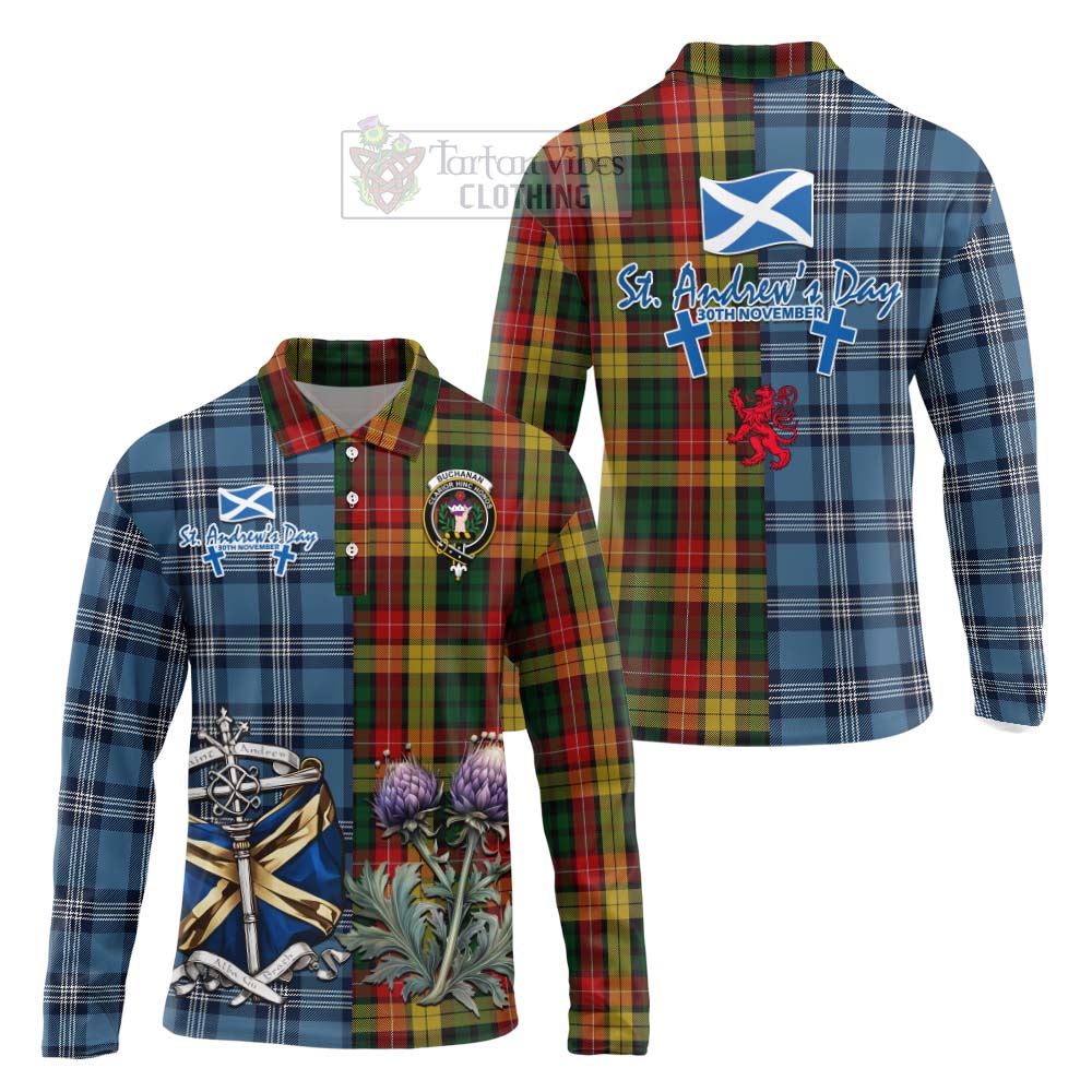 Tartan Vibes Clothing Buchanan Tartan Long Sleeve Polo Shirt Happy St. Andrew's Day Half Tartan Style