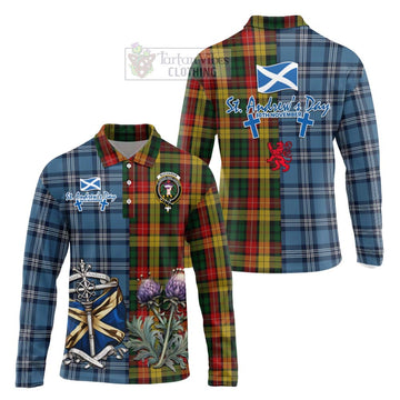 Tartan Vibes Clothing Buchanan Tartan Long Sleeve Polo Shirt Happy St. Andrew's Day Half Tartan Style