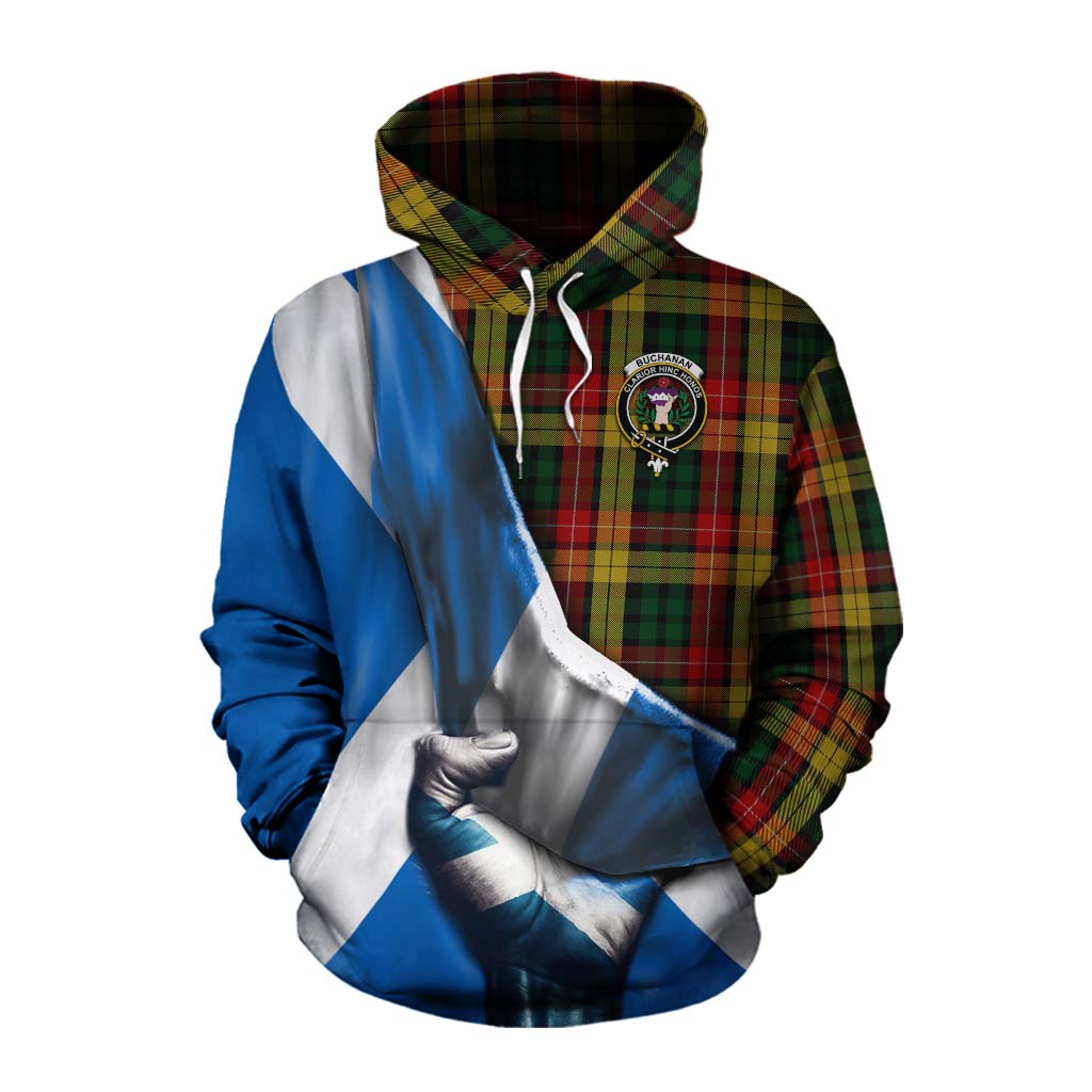 Tartan Vibes Clothing Buchanan Tartan Cotton Hoodie with Family Crest Scotland Patriotic Style