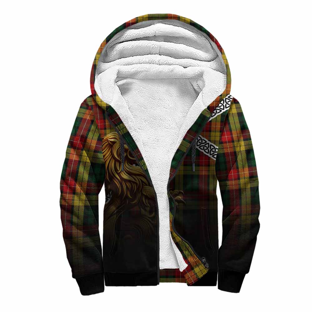 Tartan Vibes Clothing Buchanan Crest Tartan Sherpa Hoodie with Golden Lion Emblem Celtic Style