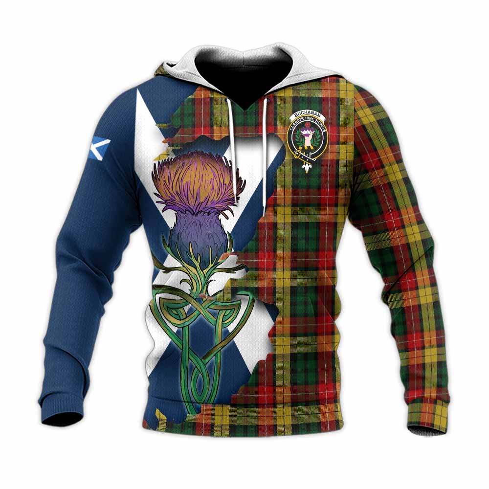 Tartan Vibes Clothing Buchanan Tartan Family Crest Knitted Hoodie Scottish Thistle Celtic Inspired