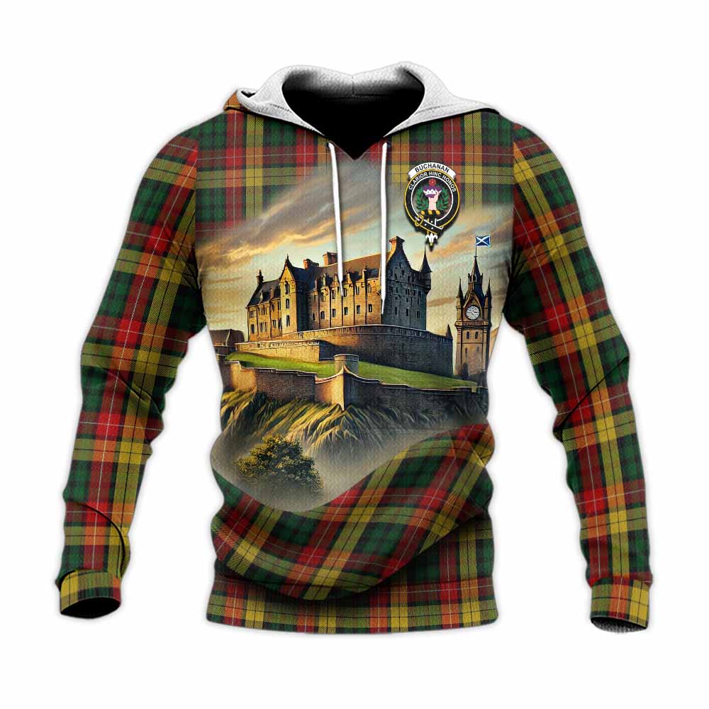Tartan Vibes Clothing Buchanan Tartan Family Crest Knitted Hoodie with Scottish Ancient Castle Style