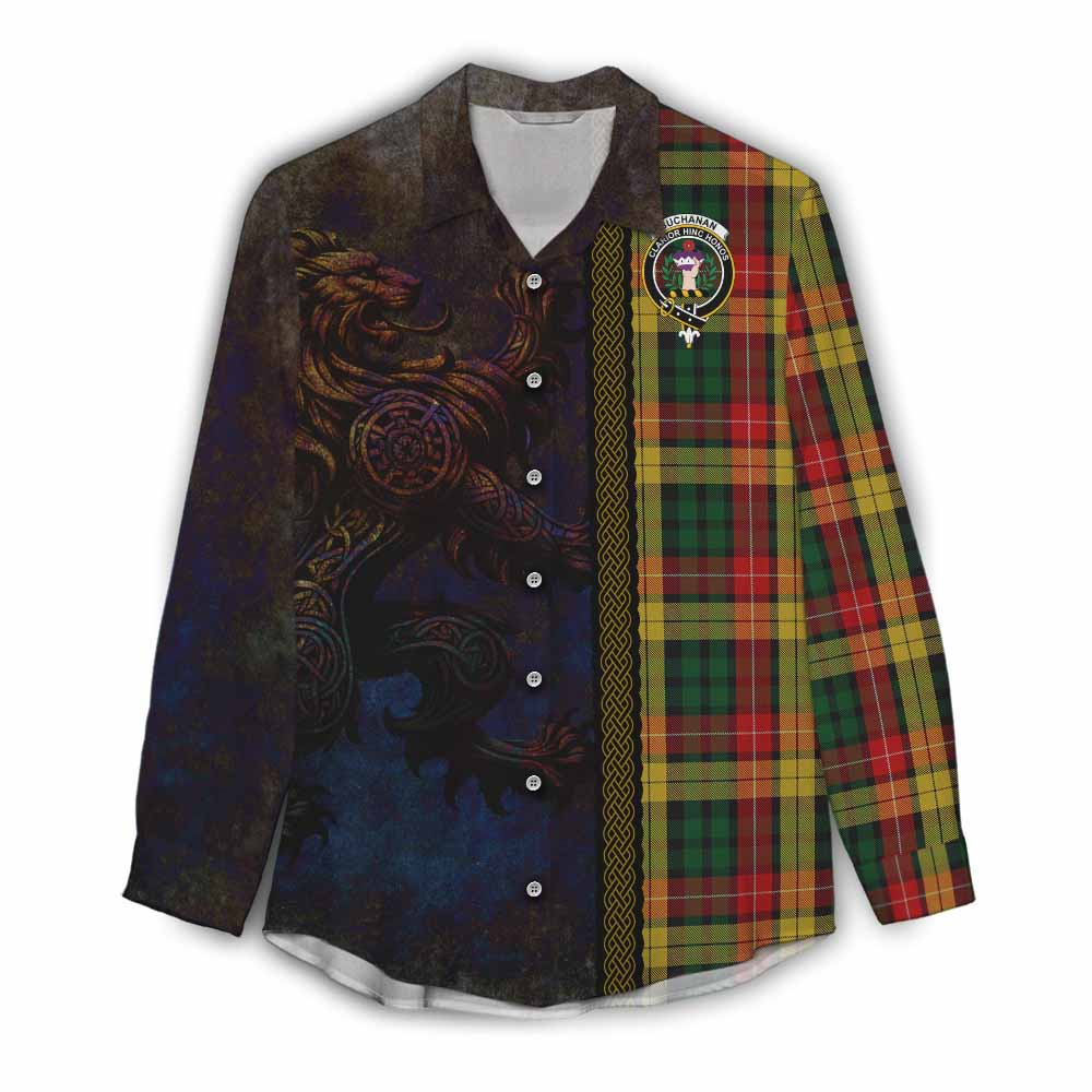 Tartan Vibes Clothing Buchanan Tartan Family Crest Women's Casual Shirt Alba Gu Brath Be Brave Lion Ancient Style