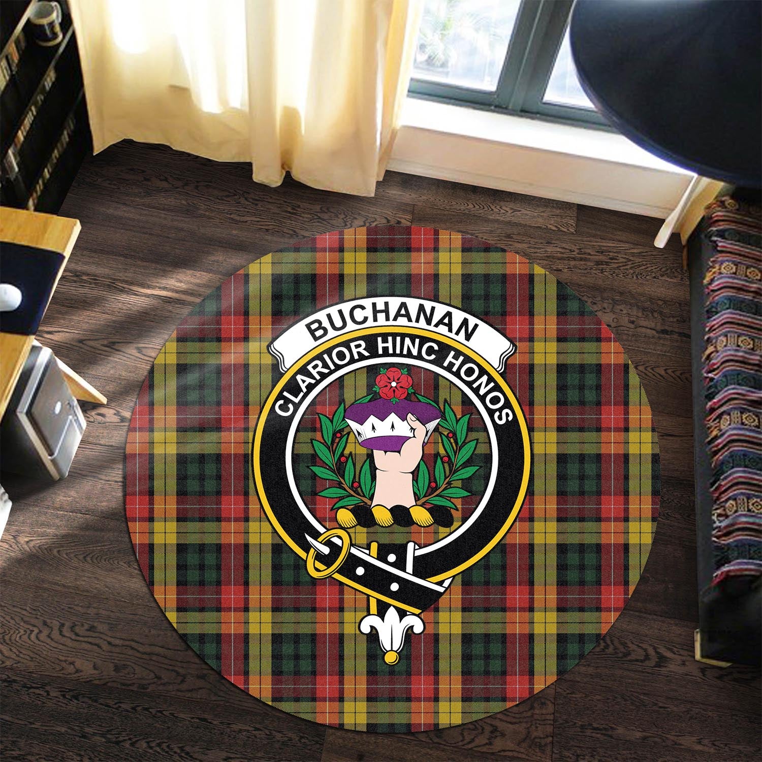 Buchanan Tartan Round Rug with Family Crest - Tartanvibesclothing
