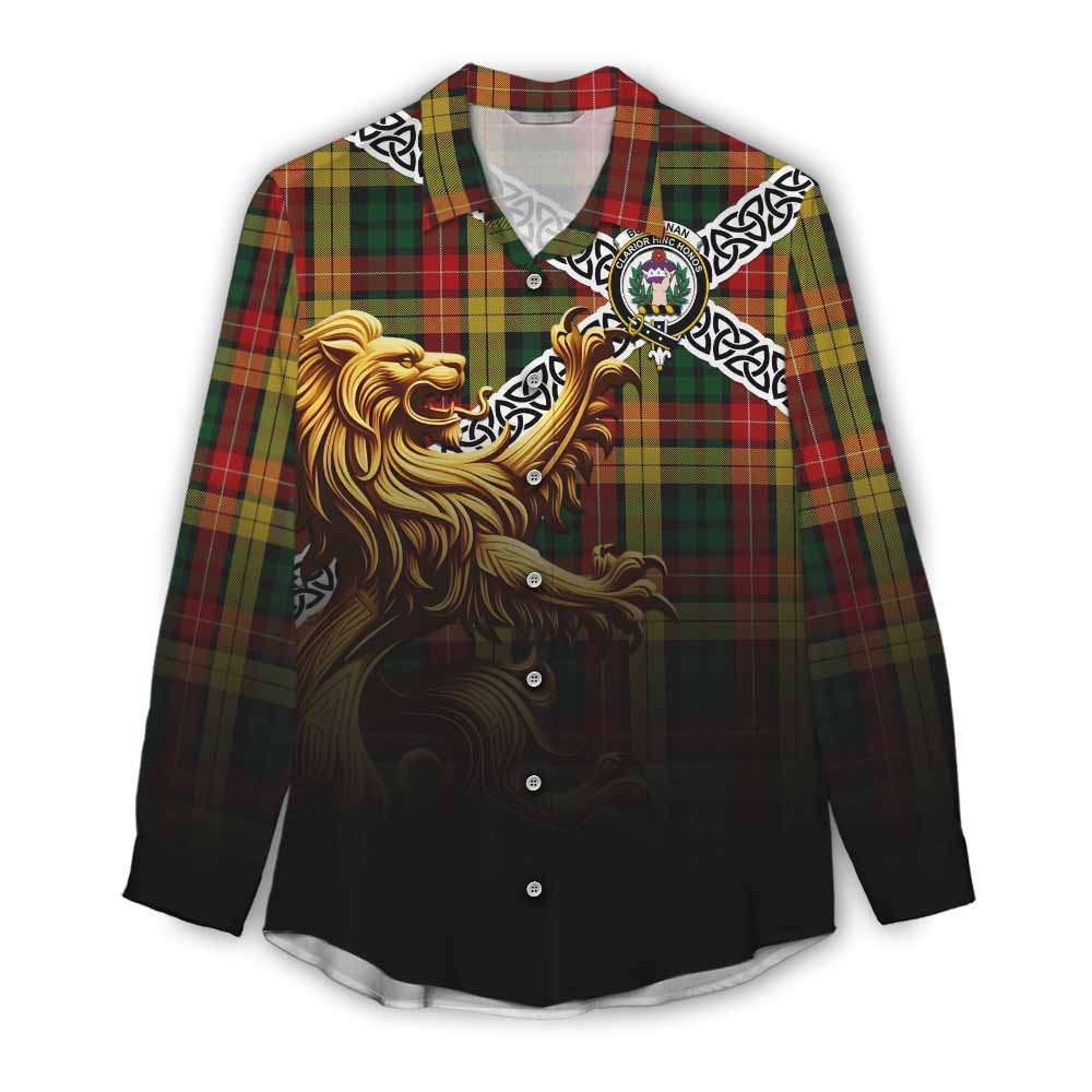 Tartan Vibes Clothing Buchanan Crest Tartan Women's Casual Shirt with Golden Lion Emblem Celtic Style