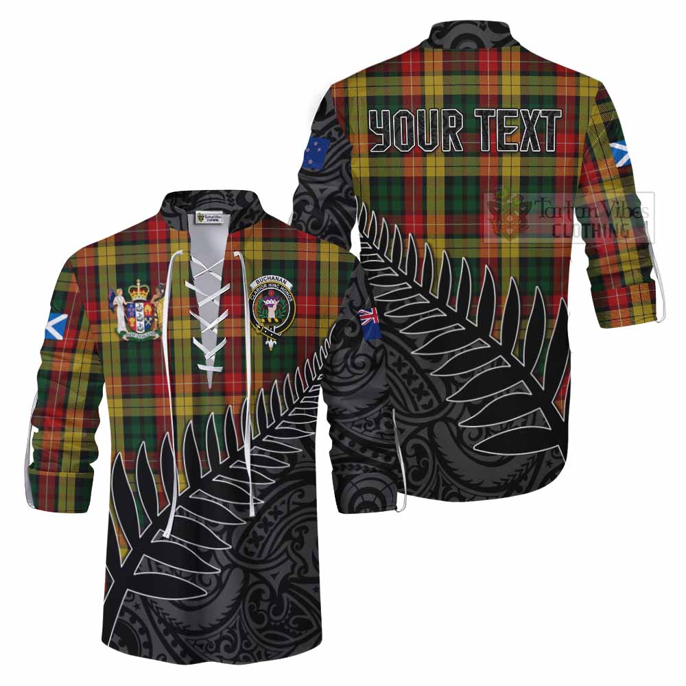 Tartan Vibes Clothing Buchanan Crest Tartan Ghillie Kilt Shirt with New Zealand Silver Fern Half Style