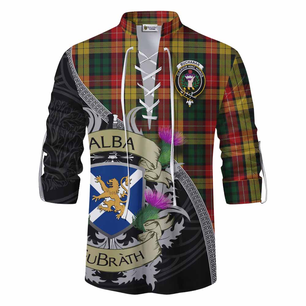 Tartan Vibes Clothing Buchanan Tartan Family Crest Ghillie Kilt Shirt Lion Rampant Royal Thistle Shield Celtic Inspired