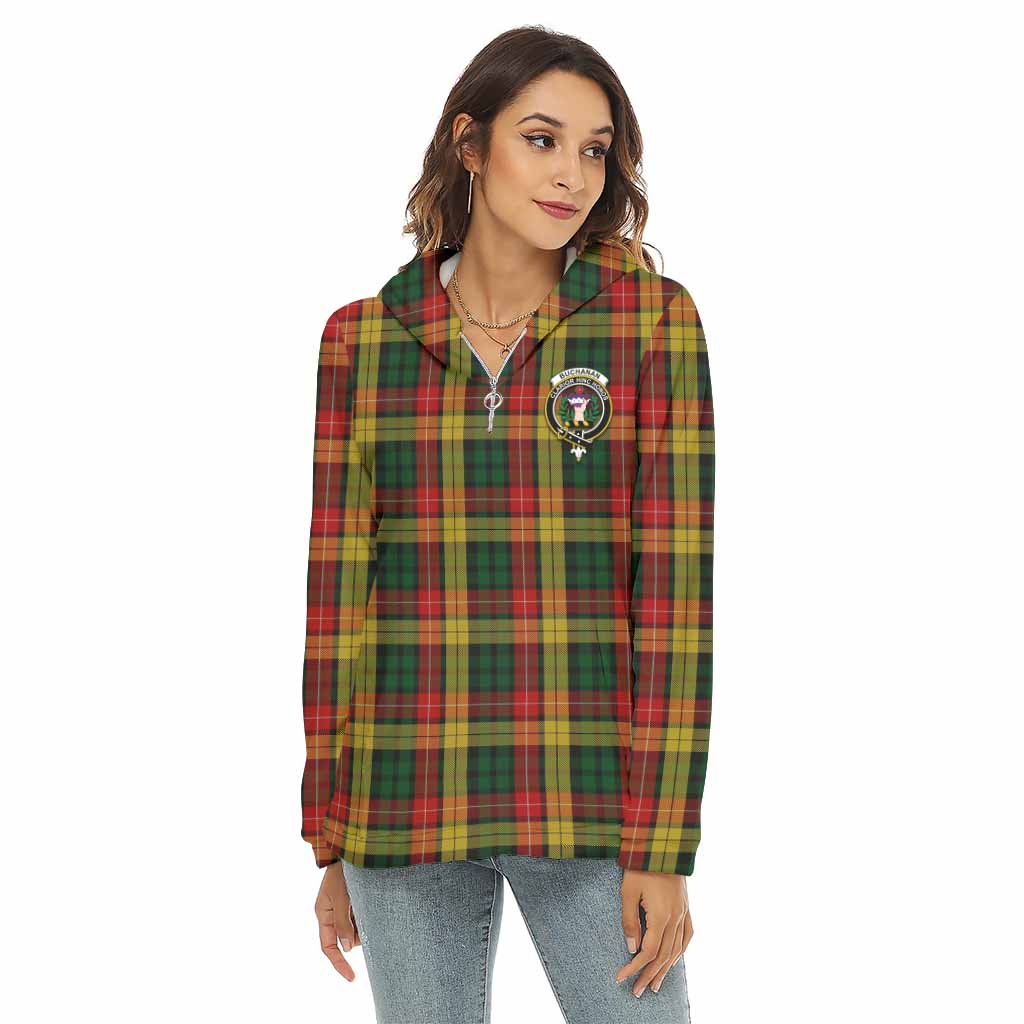 Tartan Vibes Clothing Buchanan Tartan Crest Women's Borg  Half Zip Fleece Hoodie