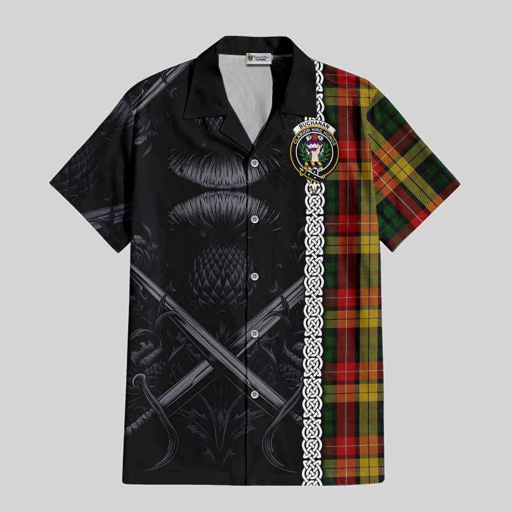 Tartan Vibes Clothing Buchanan Tartan Short Sleeve Button Shirt with Family Crest Cross Sword Thistle Celtic Vibes