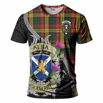 Tartan Vibes Clothing Buchanan Tartan Family Crest T-Shirt Lion Rampant Royal Thistle Shield Celtic Inspired