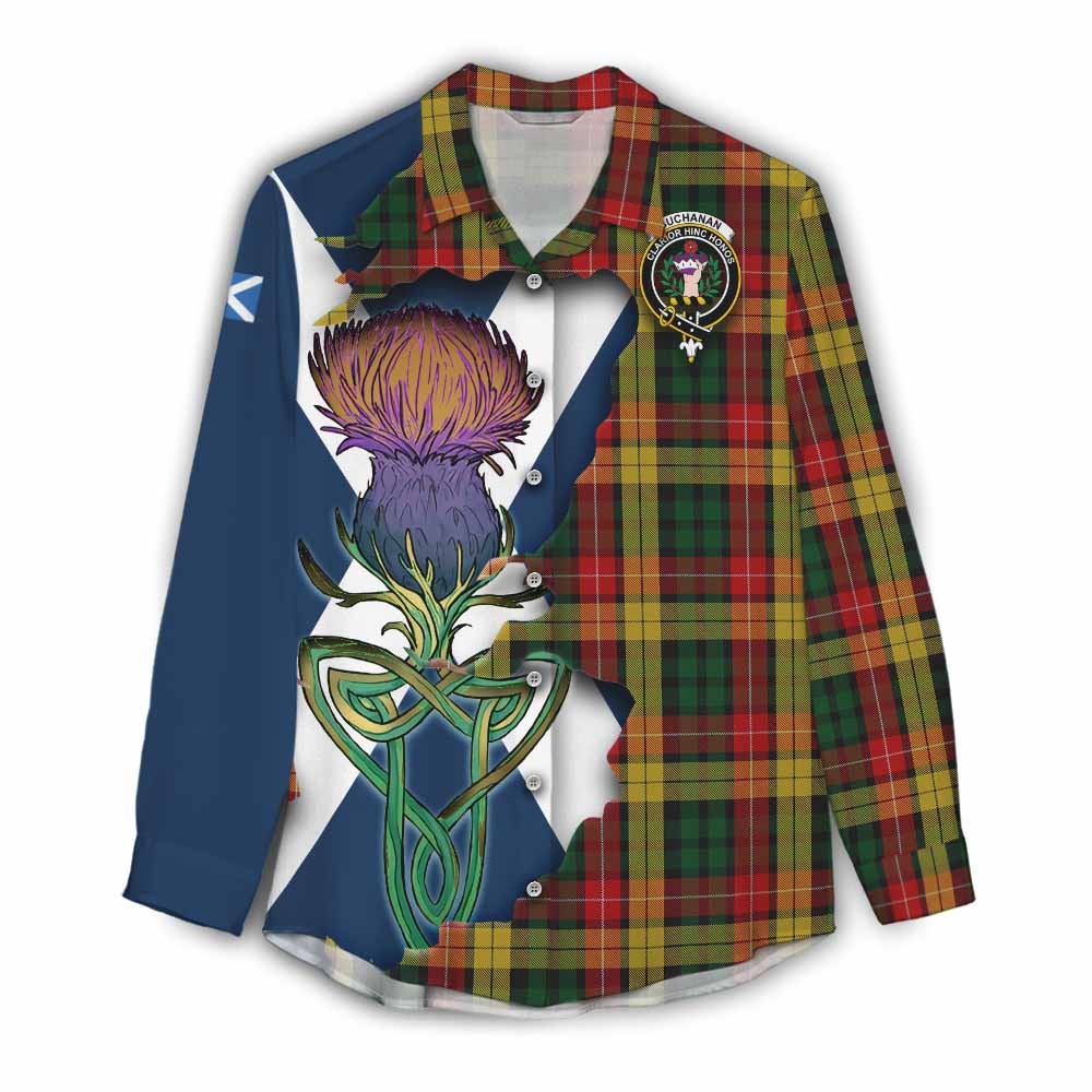 Tartan Vibes Clothing Buchanan Tartan Family Crest Women's Casual Shirt Scottish Thistle Celtic Inspired