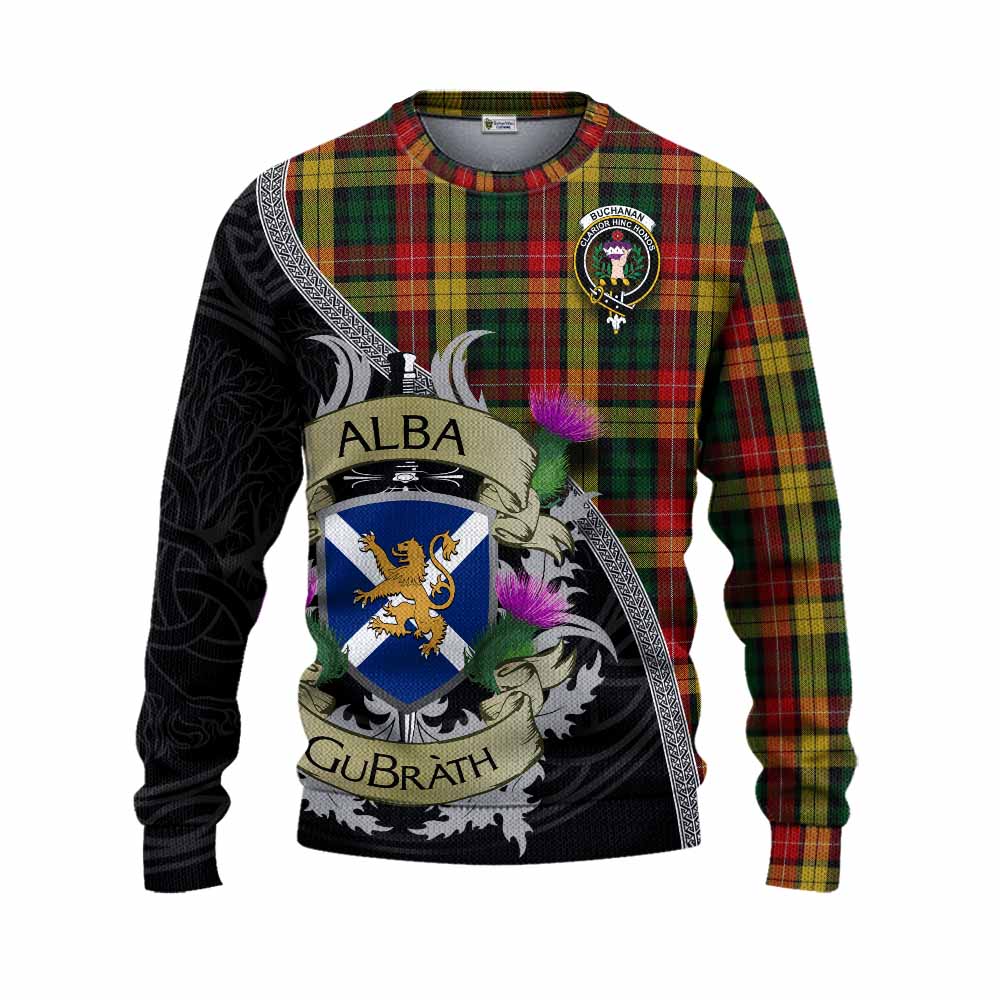 Tartan Vibes Clothing Buchanan Tartan Family Crest Knitted Sweater Lion Rampant Royal Thistle Shield Celtic Inspired