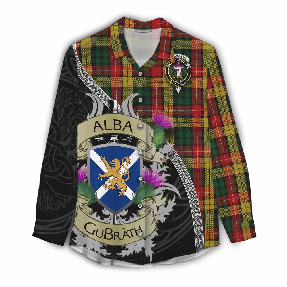 Tartan Vibes Clothing Buchanan Tartan Family Crest Women's Casual Shirt Lion Rampant Royal Thistle Shield Celtic Inspired