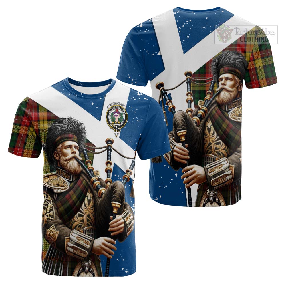 Tartan Vibes Clothing Buchanan Tartan Cotton T-shirt with Family Crest Scottish Bagpiper Vibes