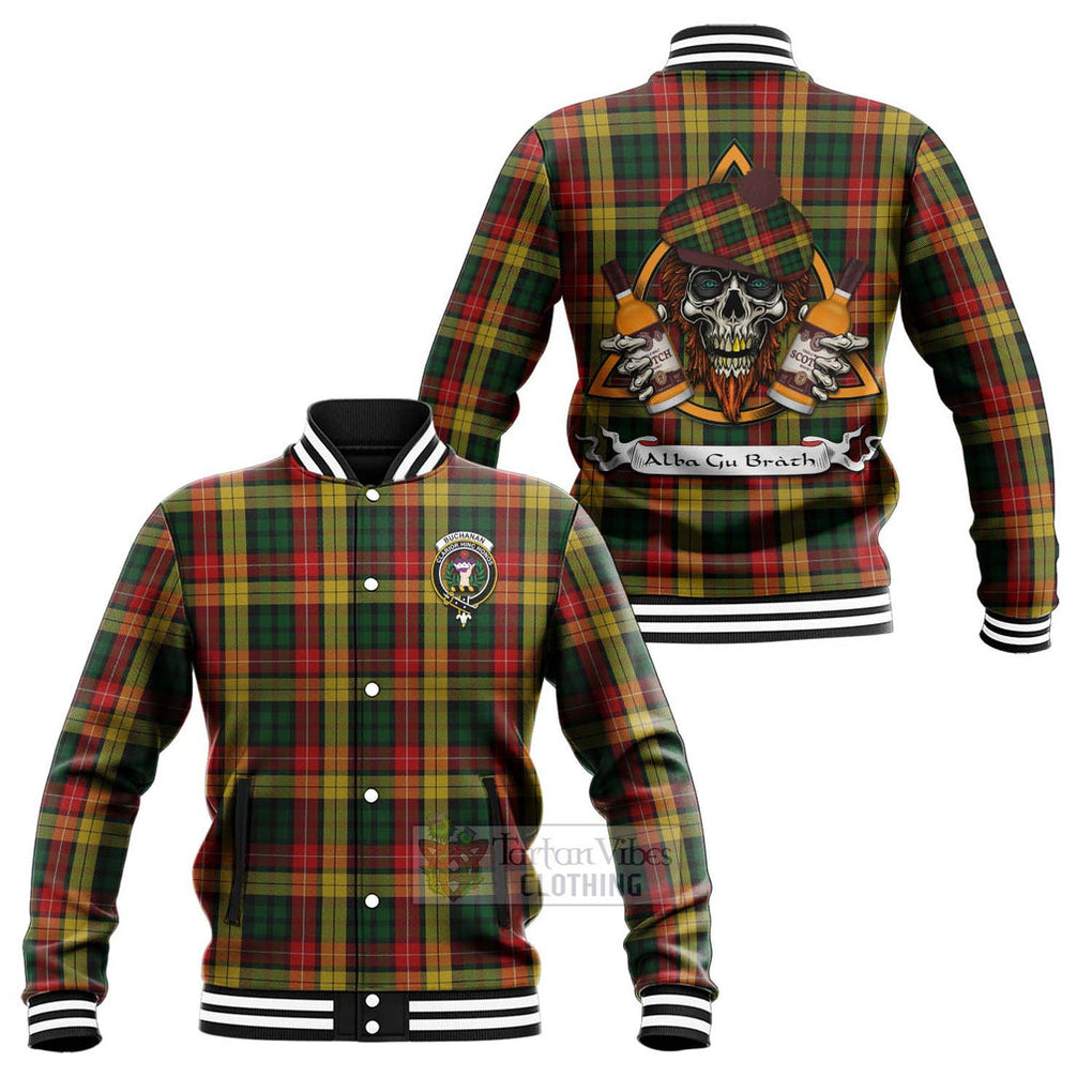 Tartan Vibes Clothing Buchanan Tartan Baseball Jacket with Family Crest and Bearded Skull Holding Bottles of Whiskey