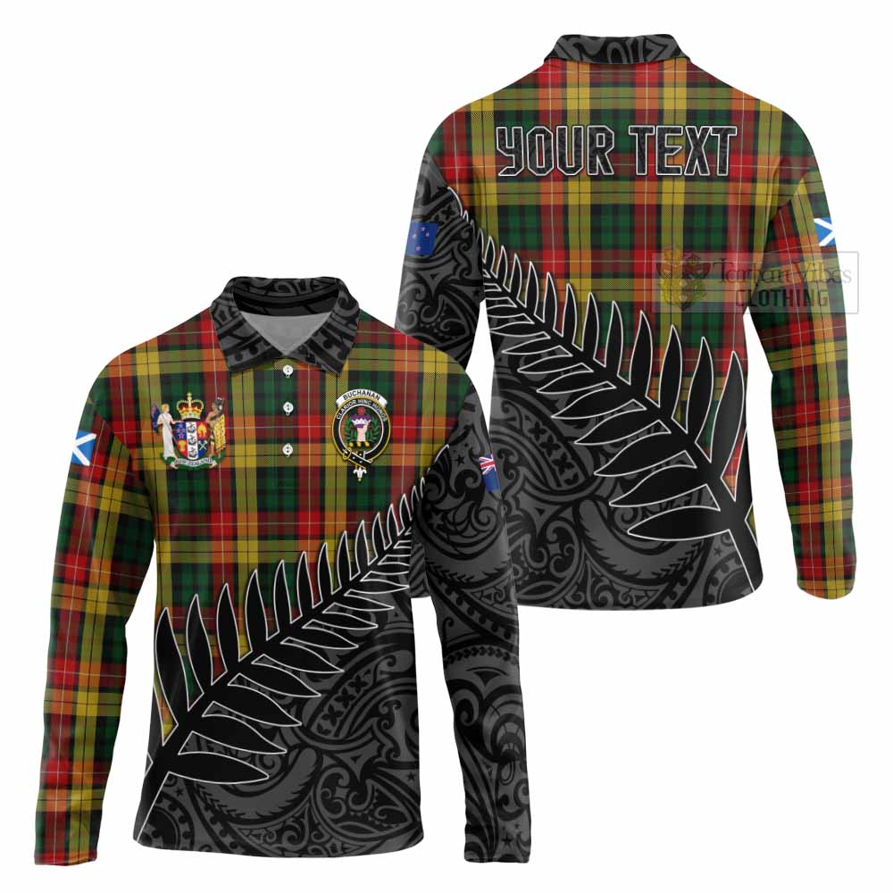 Tartan Vibes Clothing Buchanan Crest Tartan Long Sleeve Polo Shirt with New Zealand Silver Fern Half Style