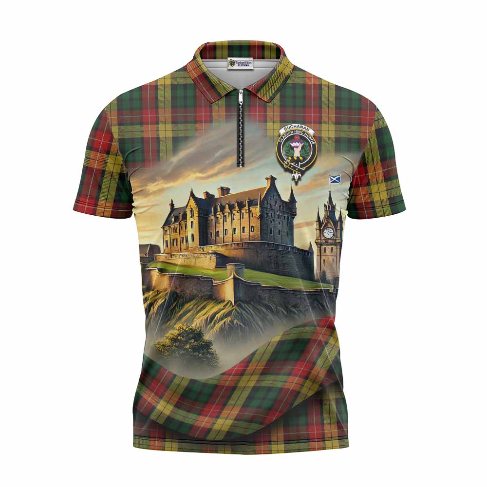 Tartan Vibes Clothing Buchanan Tartan Family Crest Zipper Polo Shirt with Scottish Ancient Castle Stype