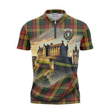 Buchanan Tartan Family Crest Zipper Polo Shirt with Scottish Ancient Castle Style