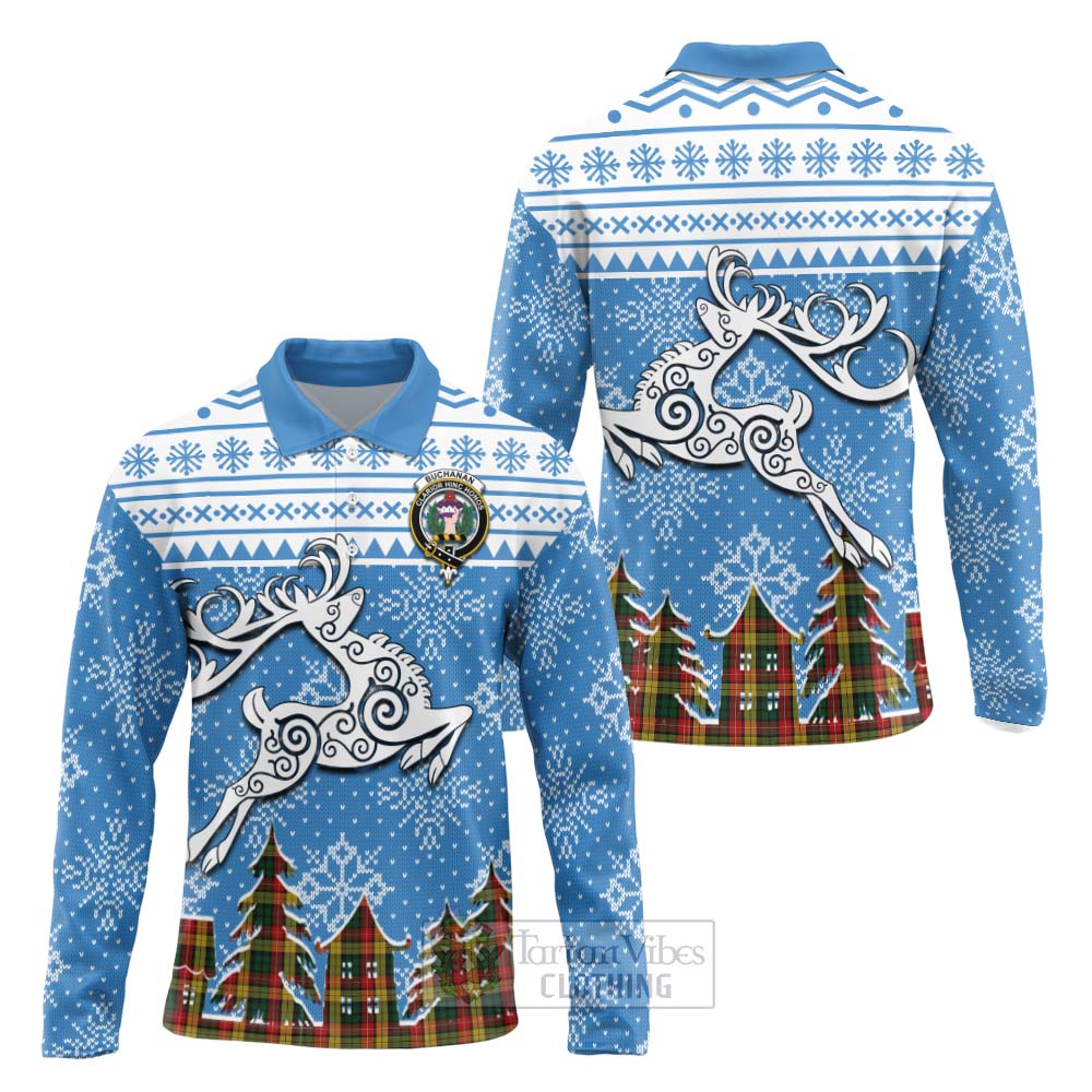 Tartan Vibes Clothing Buchanan Clan Christmas Long Sleeve Polo Shirt Celtic Reindeer Style