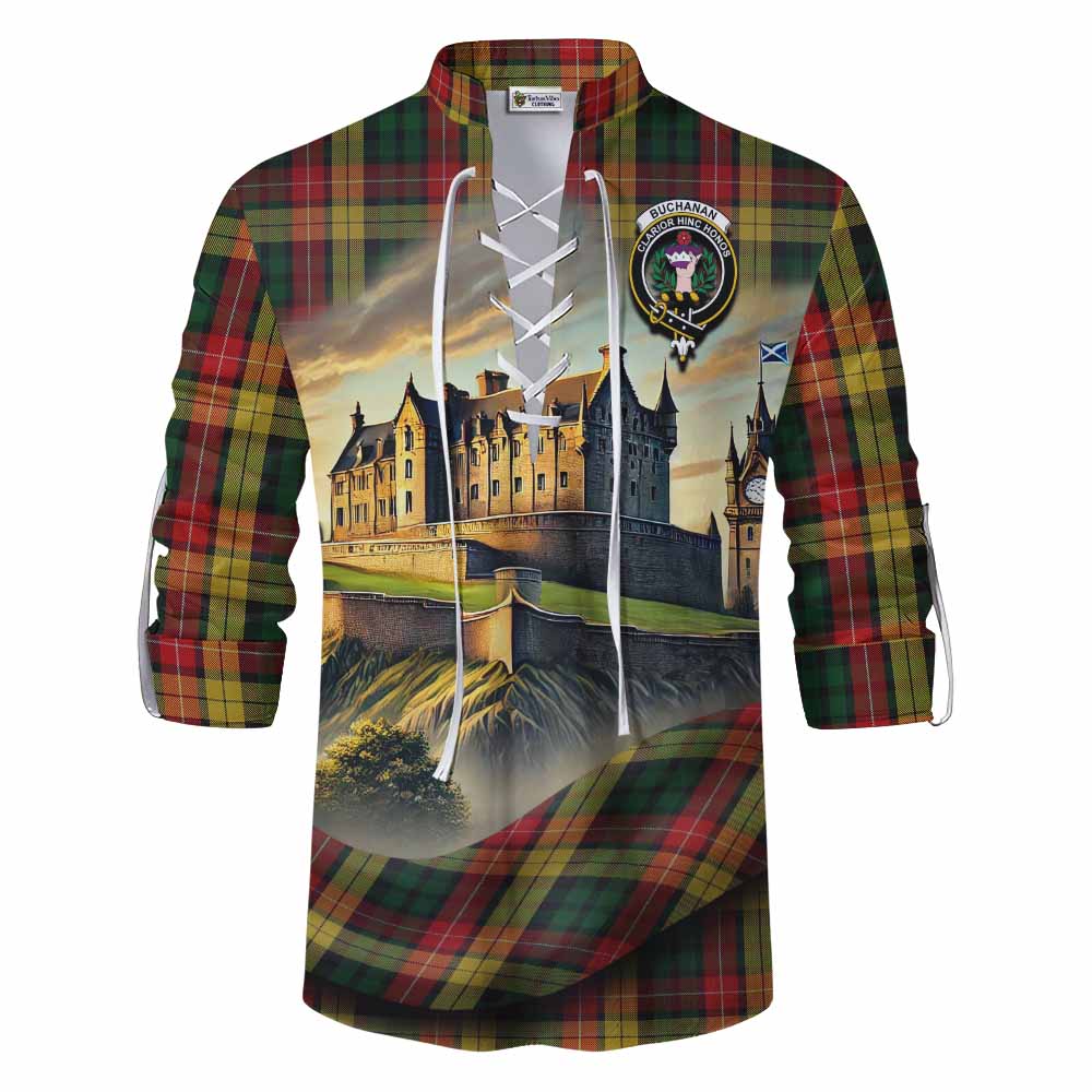 Tartan Vibes Clothing Buchanan Tartan Family Crest Ghillie Kilt Shirt with Scottish Ancient Castle Style