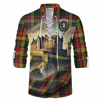 Tartan Vibes Clothing Buchanan Tartan Family Crest Ghillie Kilt Shirt with Scottish Ancient Castle Style