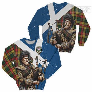 Tartan Vibes Clothing Buchanan Tartan Sweatshirt with Family Crest Scottish Bagpiper Vibes