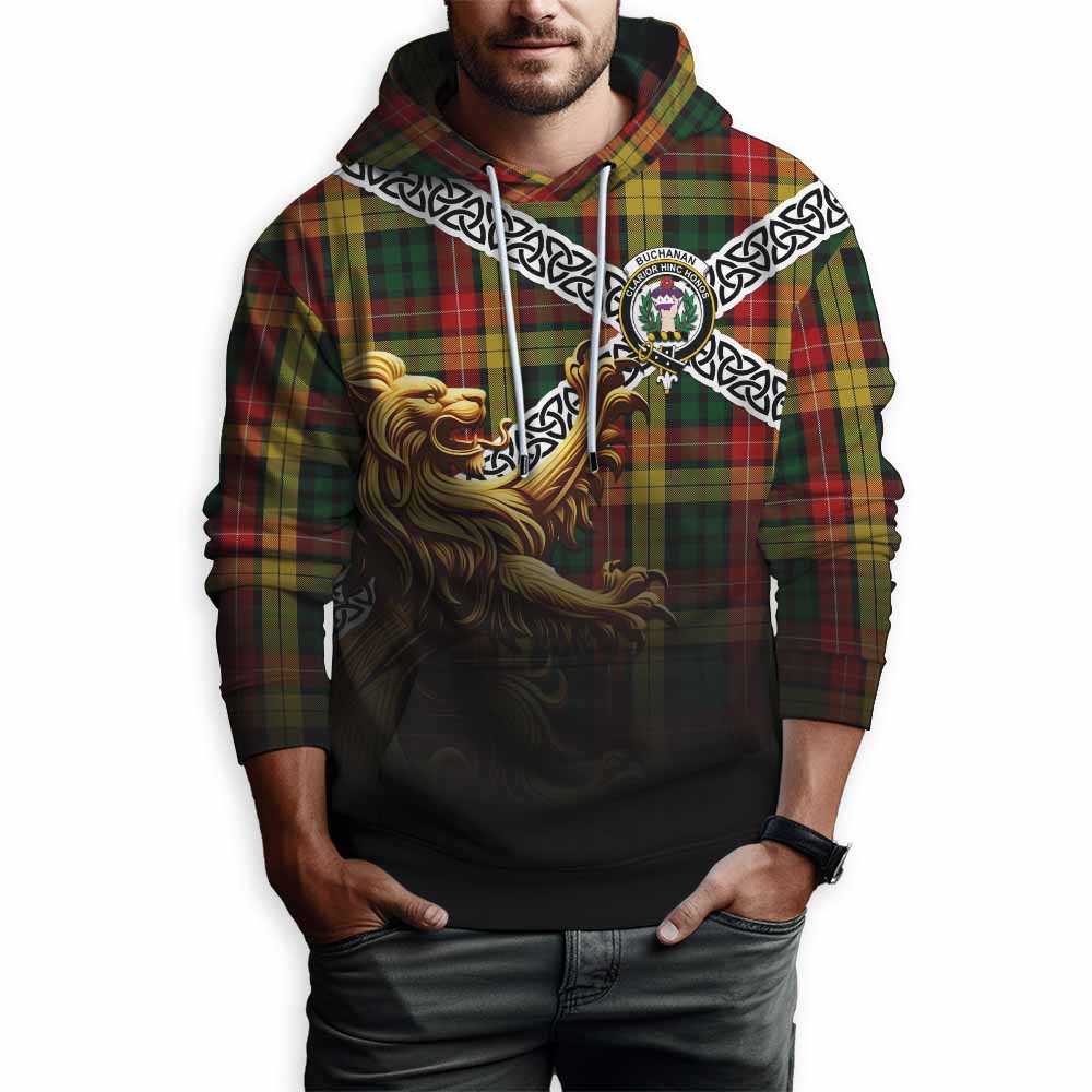 Tartan Vibes Clothing Buchanan Crest Tartan Hoodie with Golden Lion Emblem Celtic Style