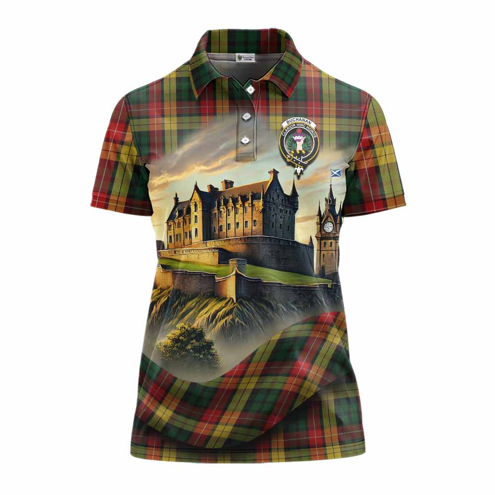 Tartan Vibes Clothing Buchanan Tartan Family Crest Women's Polo Shirt with Scottish Ancient Castle Stype