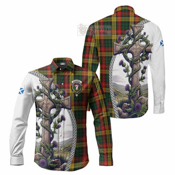Tartan Vibes Clothing Buchanan Tartan Long Sleeve Button Shirt with Family Crest and St. Andrew's Cross Accented by Thistle Vines