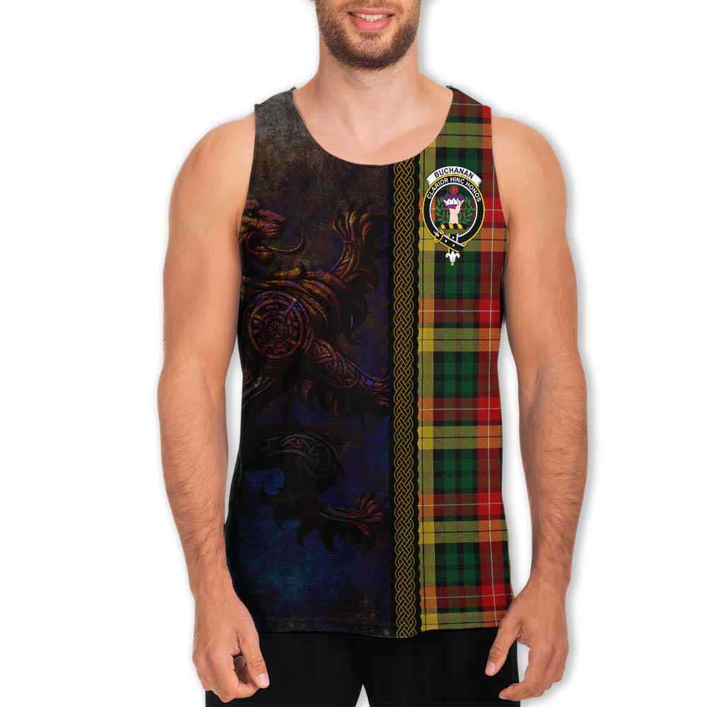 Tartan Vibes Clothing Buchanan Tartan Family Crest Men's Tank Top Alba Gu Brath Be Brave Lion Ancient Style