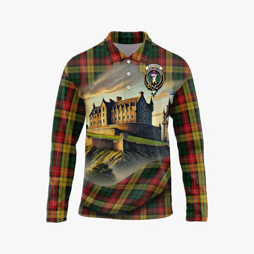 Tartan Vibes Clothing Buchanan Tartan Family Crest Long Sleeve Polo Shirt with Scottish Ancient Castle Style