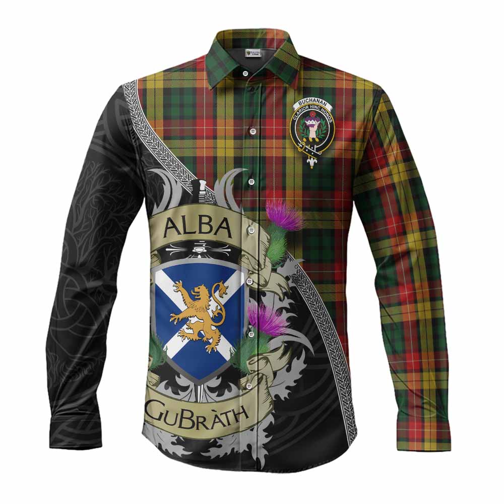 Tartan Vibes Clothing Buchanan Tartan Family Crest Long Sleeve Button Shirt Lion Rampant Royal Thistle Shield Celtic Inspired