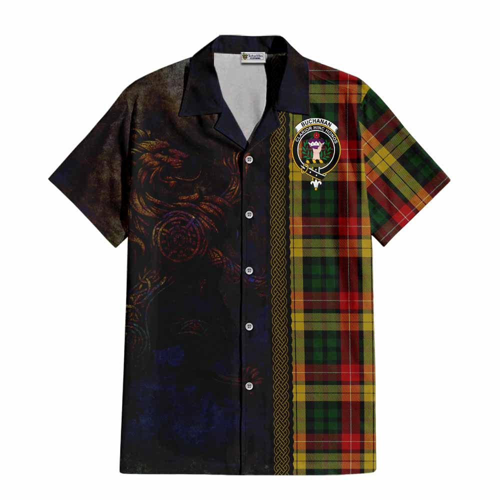 Tartan Vibes Clothing Buchanan Tartan Family Crest Short Sleeve Button Shirt Alba Gu Brath Be Brave Lion Ancient Style