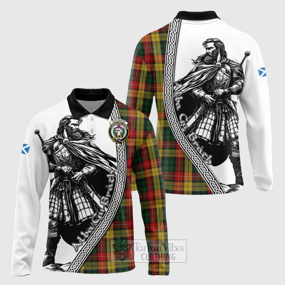 Tartan Vibes Clothing Buchanan Tartan Clan Crest Long Sleeve Polo Shirt with Highlander Warrior Celtic Style