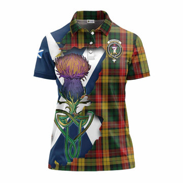 Buchanan Tartan Family Crest Women's Polo Shirt Scottish Thistle Celtic Inspired