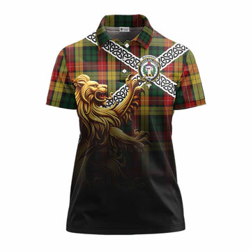 Buchanan Crest Tartan Women's Polo Shirt with Golden Lion Emblem Celtic Style