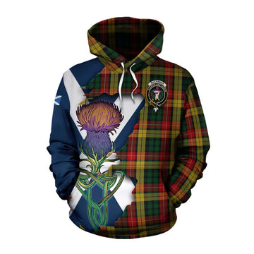 Tartan Vibes Clothing Buchanan Tartan Family Crest Cotton Hoodie Scottish Thistle Celtic Inspired