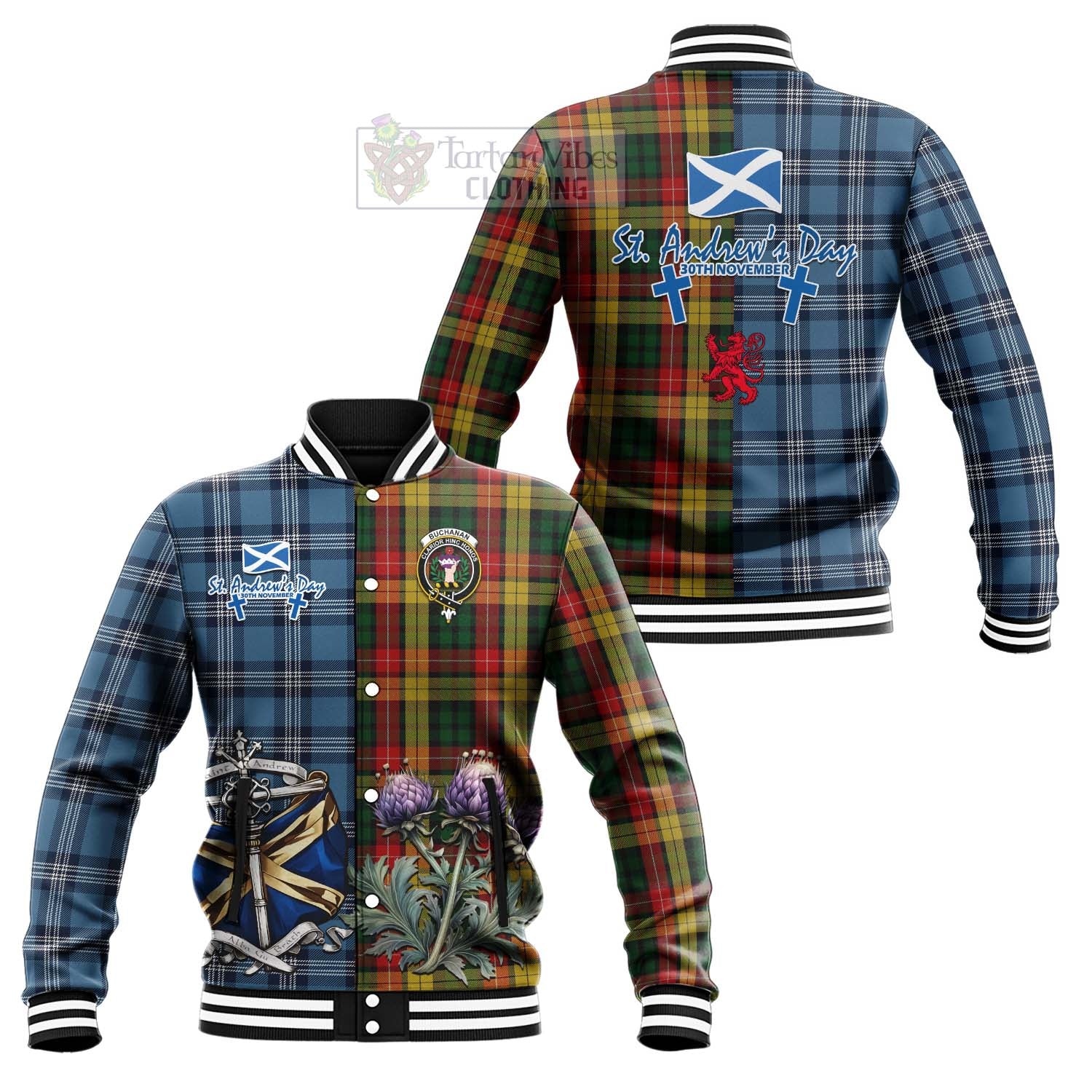 Tartan Vibes Clothing Buchanan Tartan Baseball Jacket Happy St. Andrew's Day Half Tartan Style