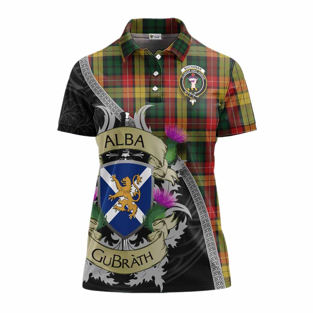 Tartan Vibes Clothing Buchanan Tartan Family Crest Women's Polo Shirt Lion Rampant Royal Thistle Shield Celtic Inspired