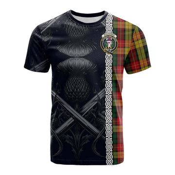 Tartan Vibes Clothing Buchanan Tartan Cotton T-shirt with Family Crest Cross Sword Thistle Celtic Vibes